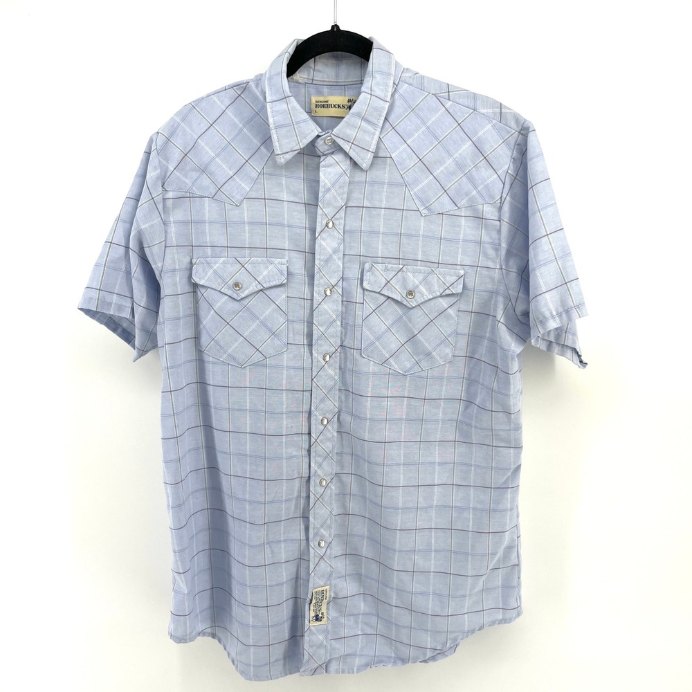 VTG Roebucks Plaid Snap Western Shirt Mens Large Light Blue Short Sleeve